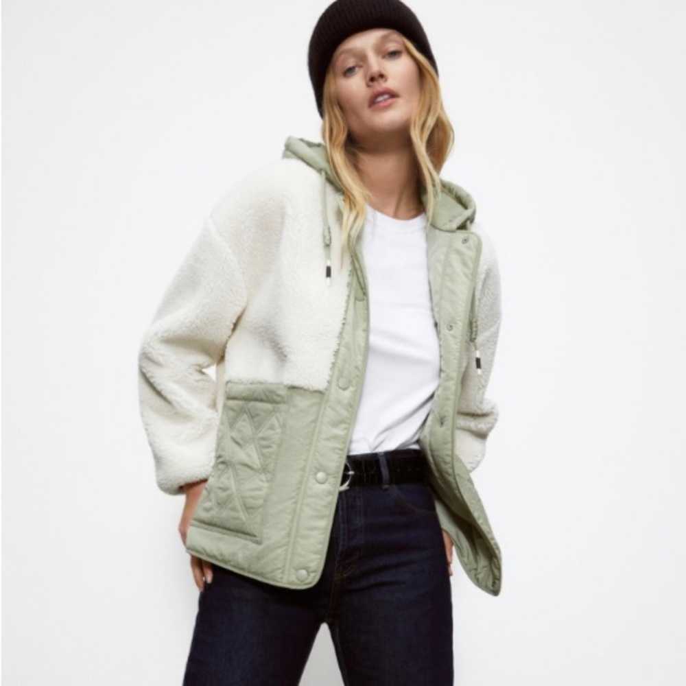 NWT Zara Cozy Multimedia/contrasting fabrics Fleece/faux sherpa jacket